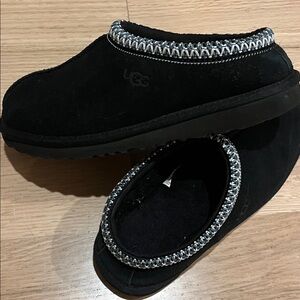UGG Tasman Black Suede Slip-Ons with Woven Trim